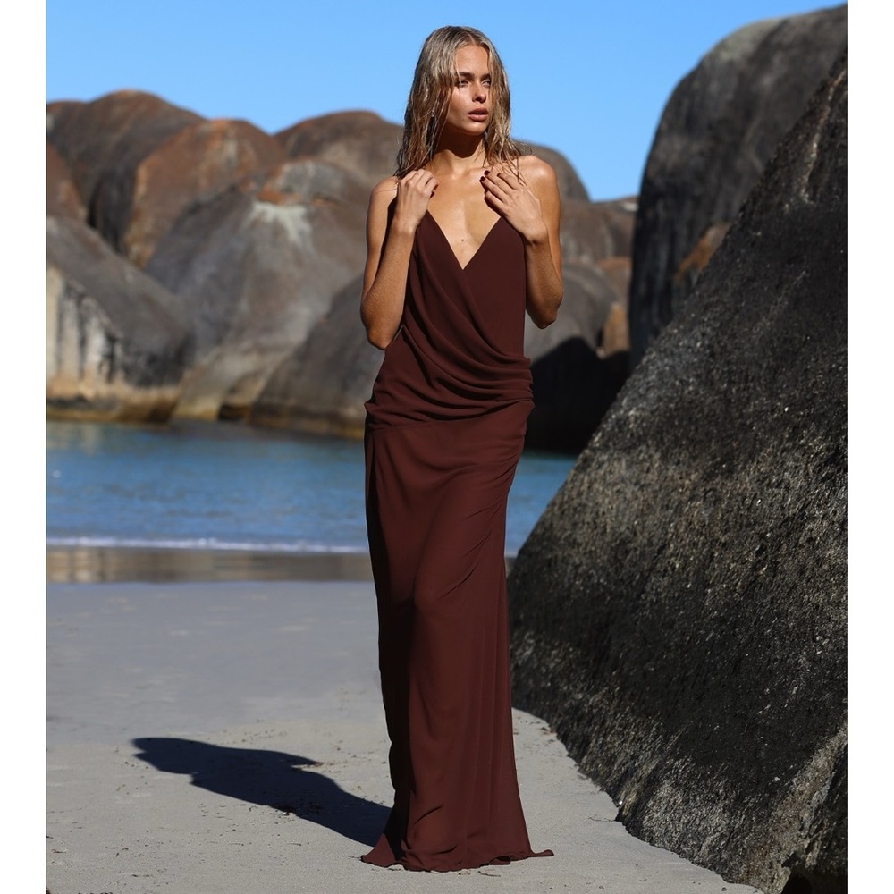 NEW Natalie Rolt Magnolia Gown (Sz 1) Draped Maxi Slip Dress Espresso Brown